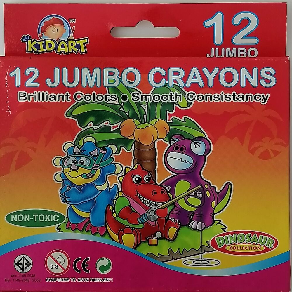 Kid Art Jumbo Crayons-12 Pcs -Brilliant Colors-Smooth Consistancy-Dinosaur Collection